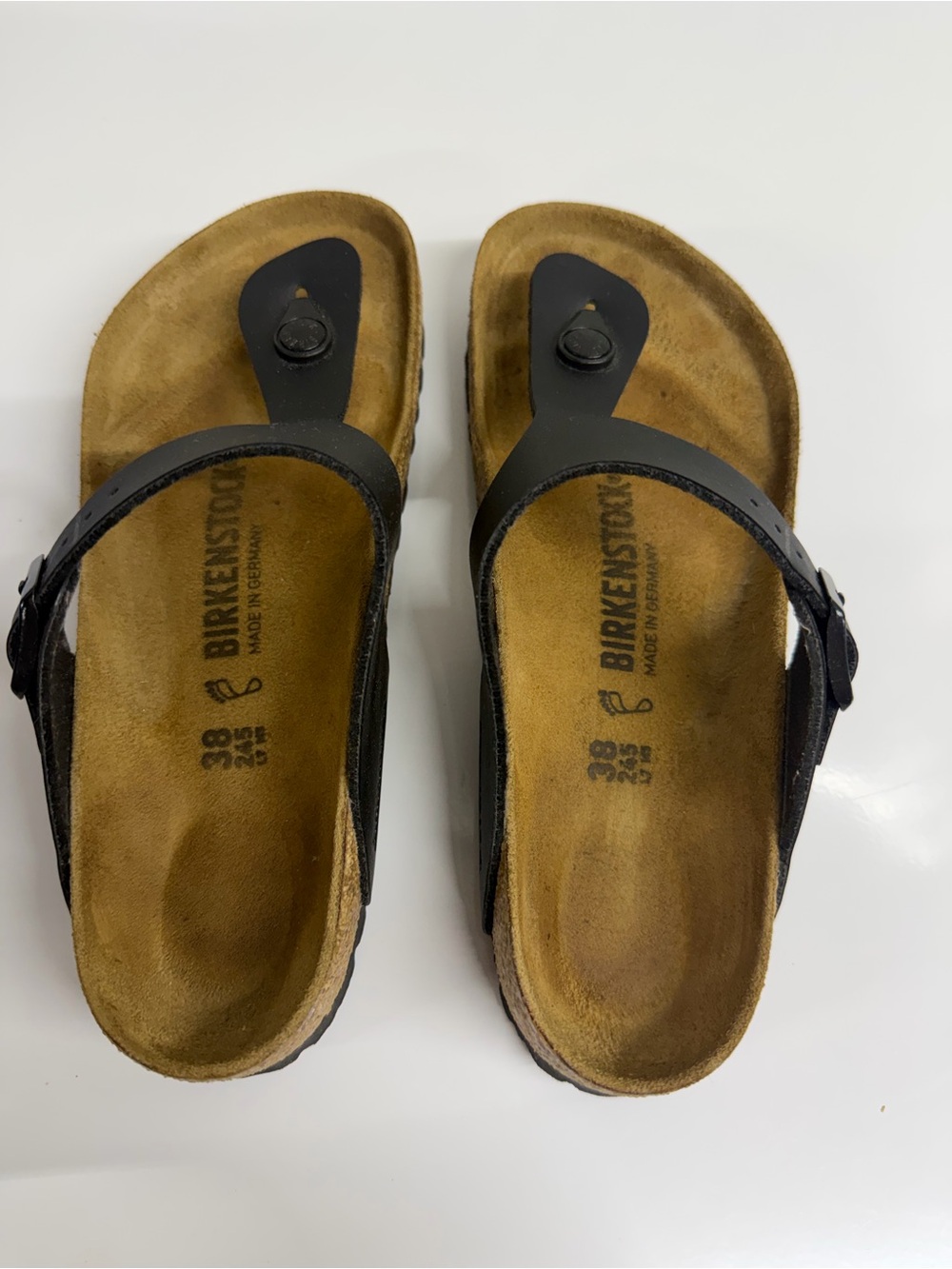 Birkenstock Black Leather Thong Sandals with Tan Footbeds
